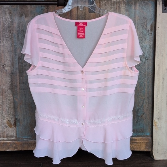 Oscar de la Renta Tops - Oscar de la Renta Sheer Pink Ruffled Peplum Blouse Lace Trim - Women's 16